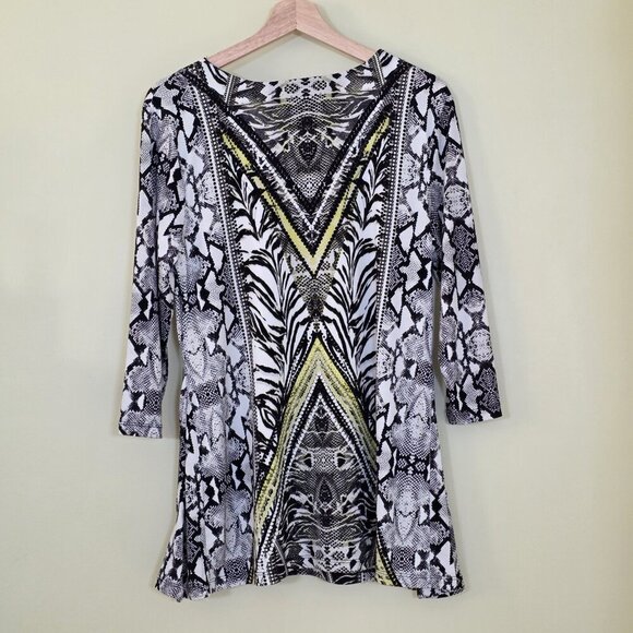 JM Collection Tunic Top Women M Multicolor 3/4 Sleeve V Neck Geo Snake Print 90s - Picture 14 of 14